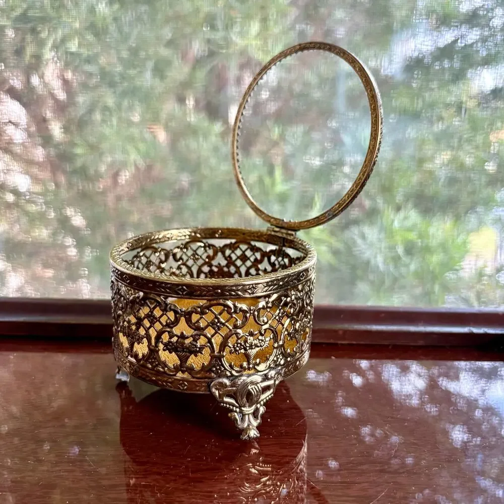 Vintage Gold Filigree Jewelry Casket Footed Trinket Box with Glass Lid